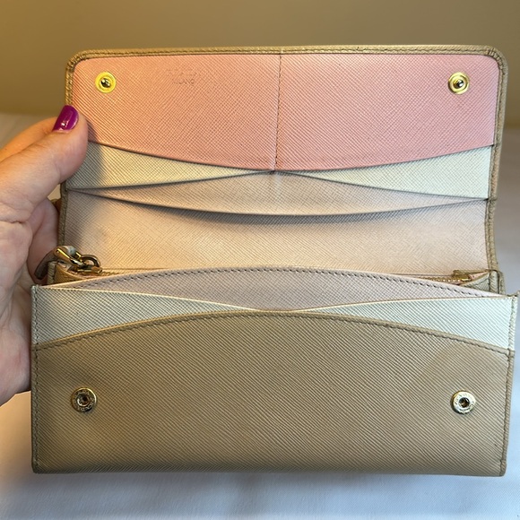 Prada Saffiano Leather Long Wallet Beige w/ Pink Leather Interior Holds phone - Picture 1 of 14